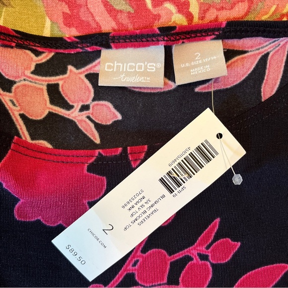 CHICOS TRAVELERS Size 2 Large Floral Tunic Stretch Blue Pink Cozy Pretty $90 NWT - Picture 10 of 14